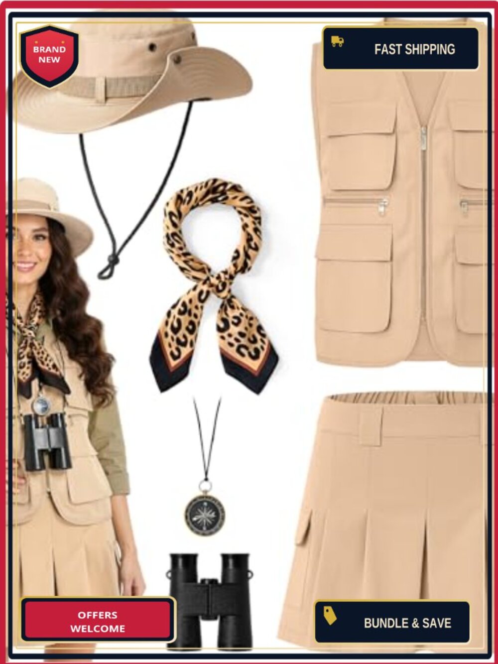 6Pc Women's Safari Explorer Costume Set Vest Hat Scarf Binoculars